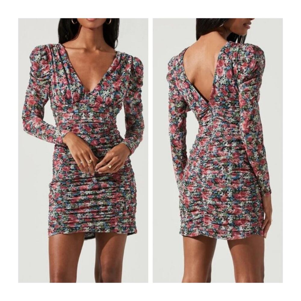 ASTR the Label Mini Dress Bristol Pink Floral Ruched Body Long Sleeve New